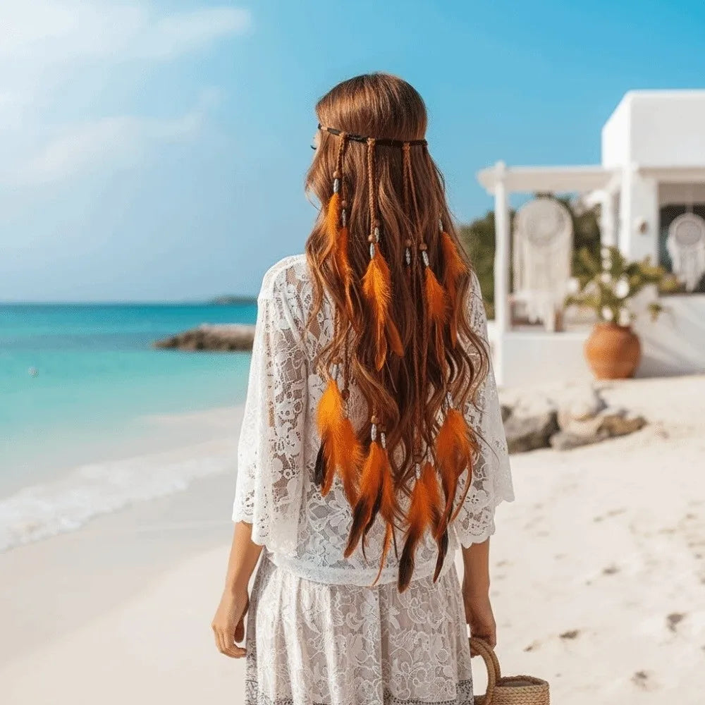 Boho Feather Headpiece – Braided Cord Orange Plumage Boho Hair Headpiece Qme