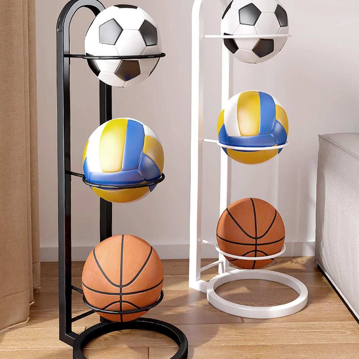 Bamboo Multi-Layer Ball Rack – Basketball & Football Stand Ball Storage Rack Qme
