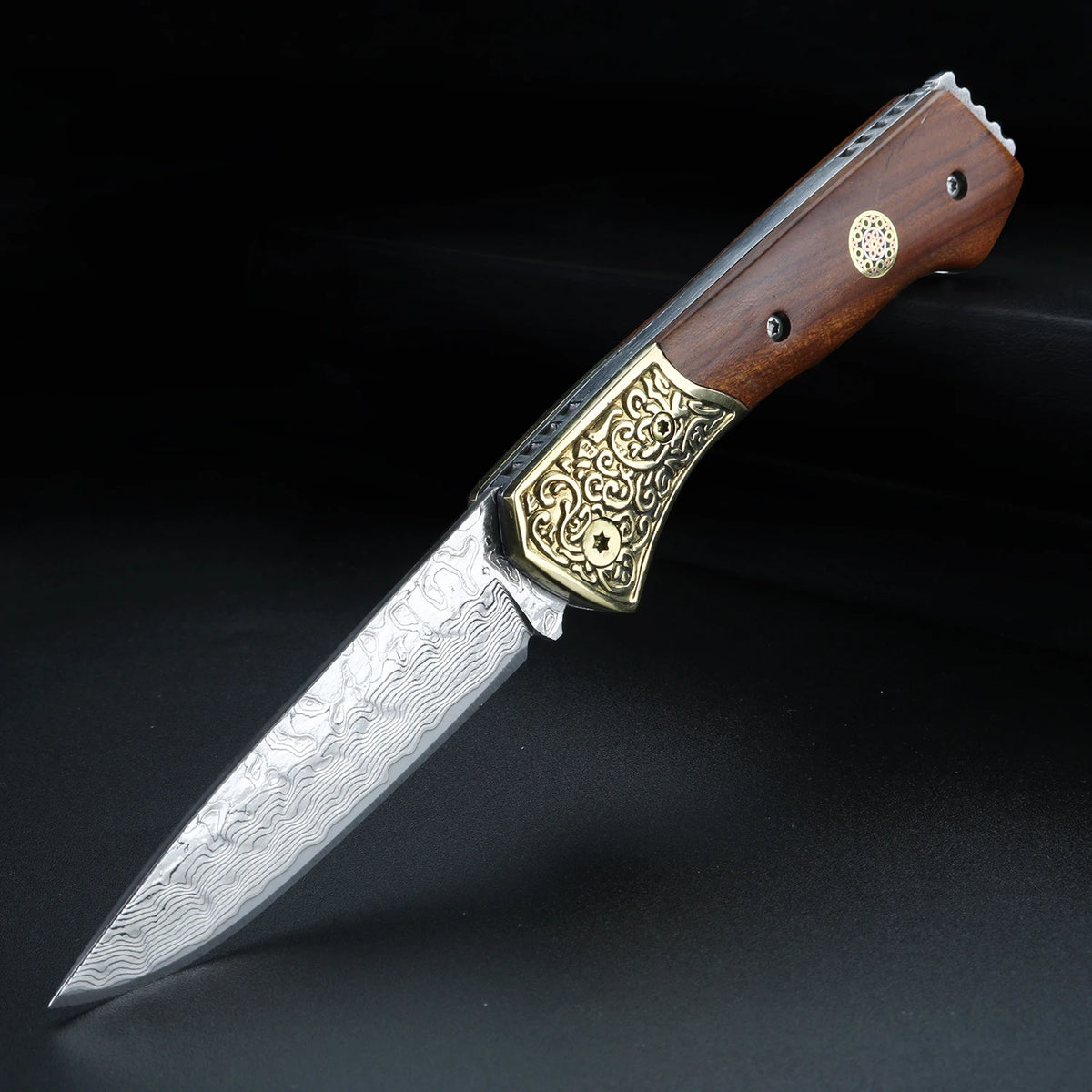 XUANFENG Damascus Steel Folding Knife – Brass Pocket Knife Folding Pocket Knife Qst