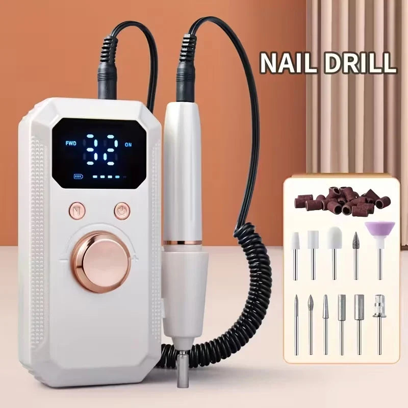 Qme Electric Nail Drill – HD Display & Multi-Head | Portable Electric Nail Drill Qme WHITE