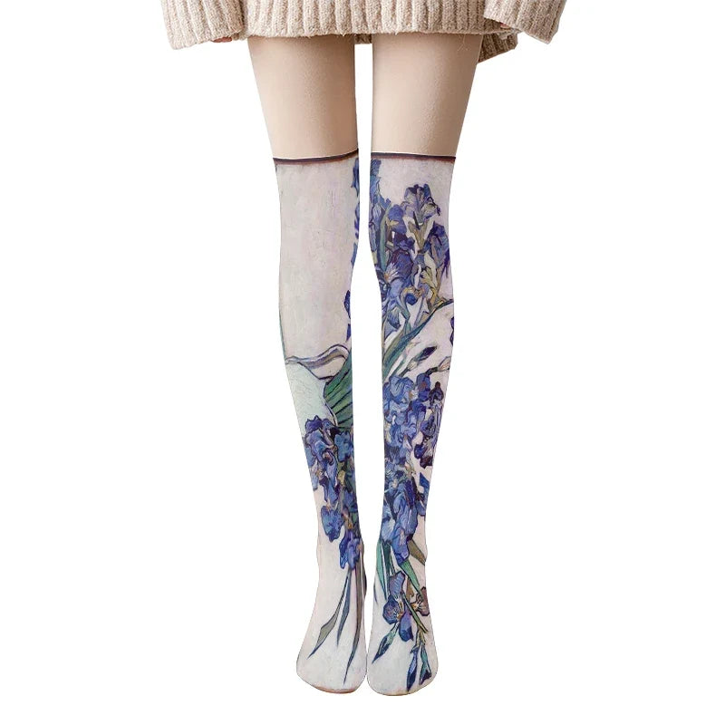 Van Gogh Art Print Thigh High Stockings – Starry Sky & Sunflower Thigh High Stockings Qme style7 One Size