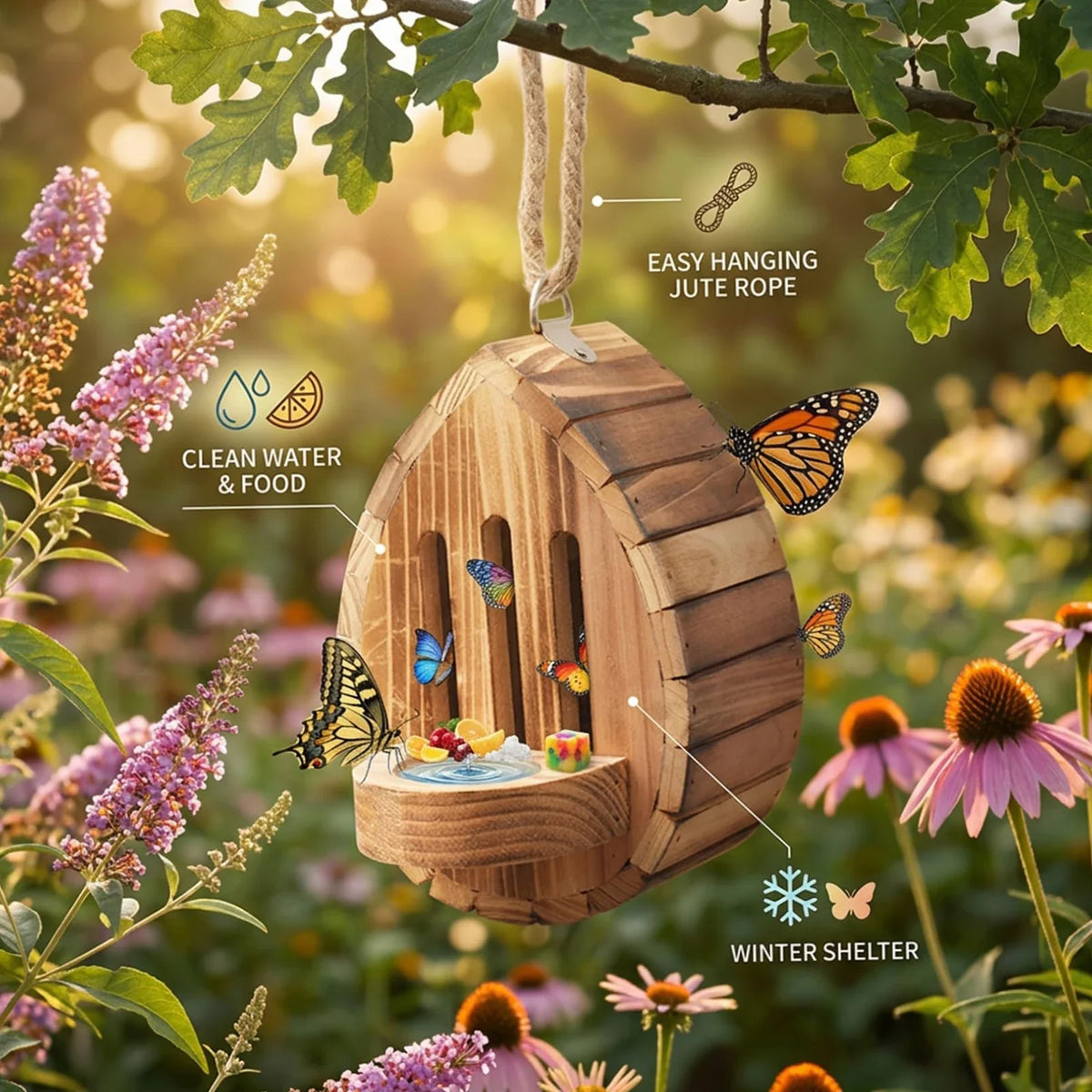 Wooden Butterfly House & Feeder 2-in-1 | Hangable Garden Habitat Butterfly House Feeder Qme