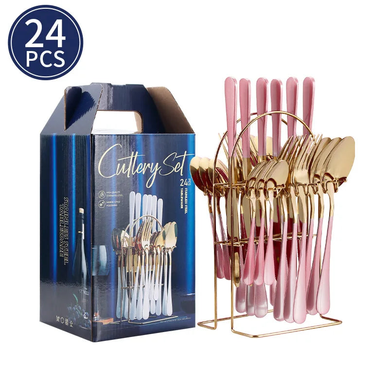 24-Piece Stainless Steel Cutlery Set – Steak Knife Fork Spoon Stainless Steel Flatware Set Qme