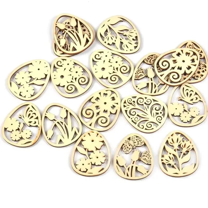 Hollow Flower Wooden Easter Egg Hangings – Mixed 20pcs 50x40mm Wooden Craft Ornaments Qme
