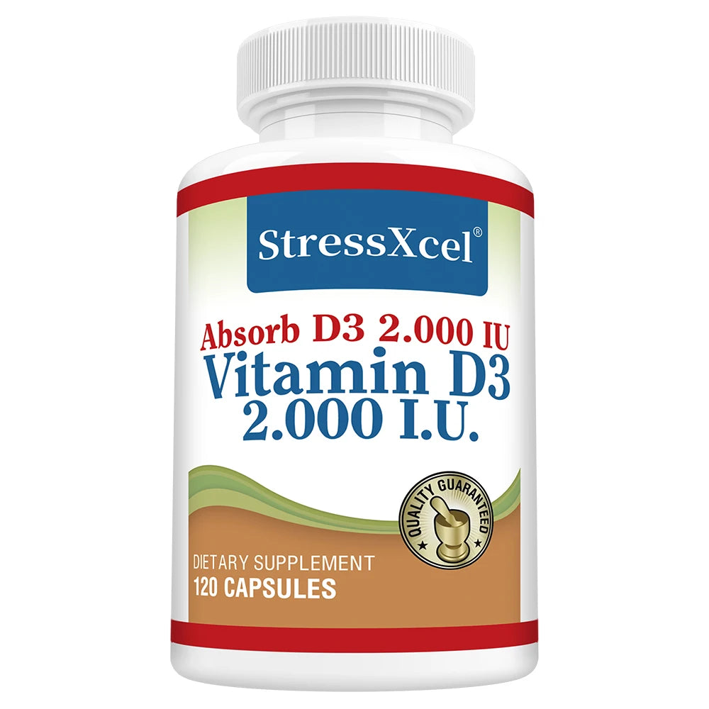 STRESSXCEL 2000 IU Vitamin D3 Capsules – Bone & Immune Support Vitamin Supplement Qst 120 count-1 bottle