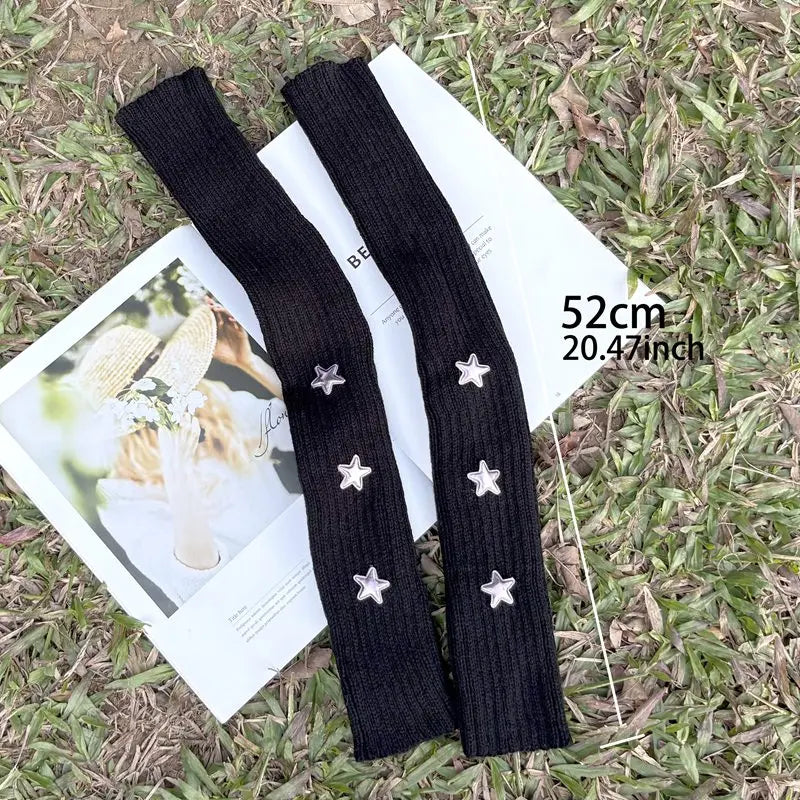 Y2K Fingerless Gloves Women Knitted Star Arm Warmers Fingerless Arm Warmers Qme 52cm black
