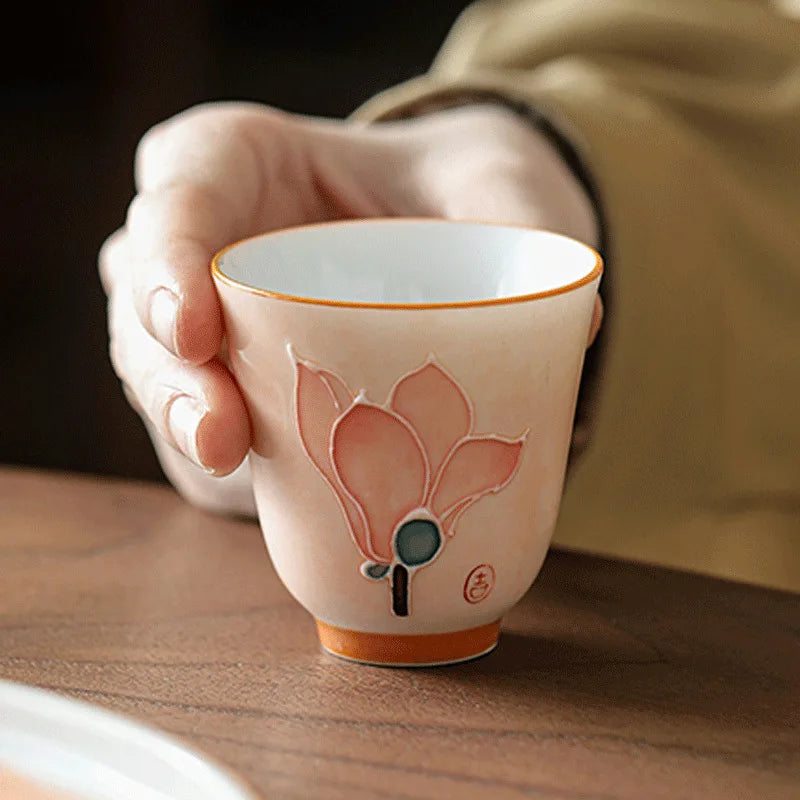 Hand Painted Lotus Pastel Ceramic Glazed Tea Cup | 55ml Ceramic Tea Cup Qme
