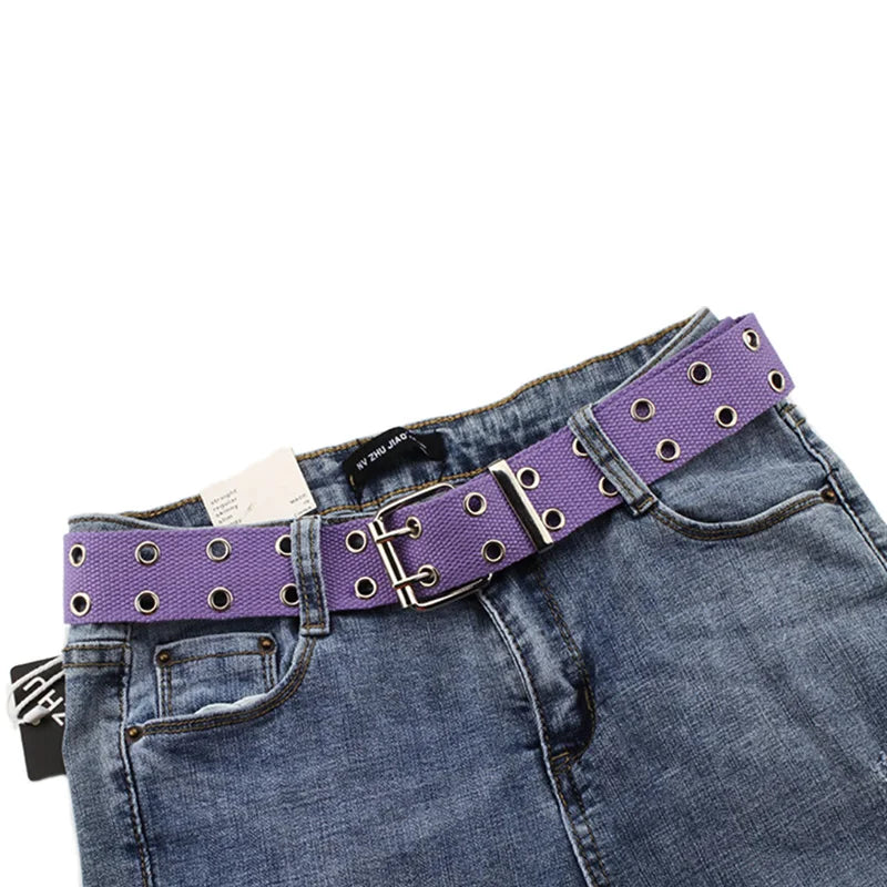 Women's Studded Grommet 2-Row Canvas Pin Buckle Belt 105cm Canvas Fashion Belt Qst Purple
