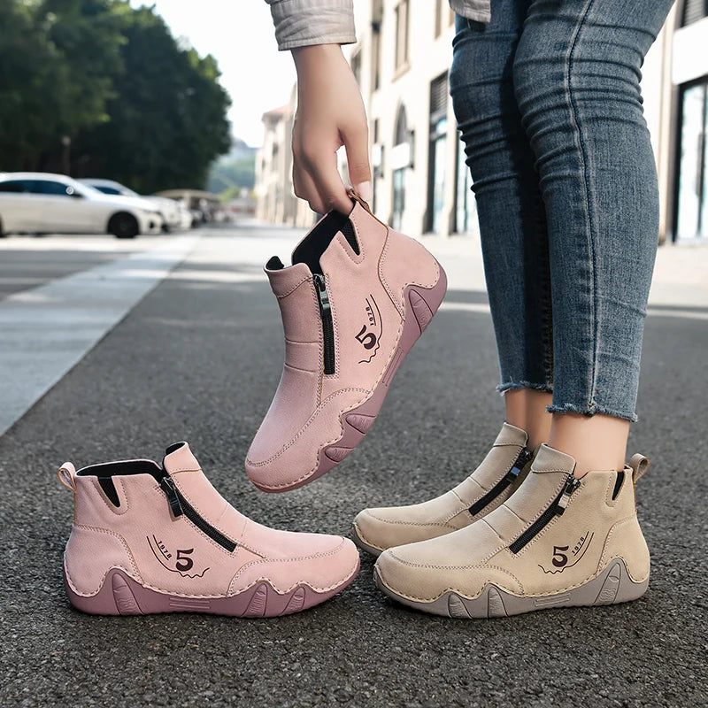 Women's Split Leather Ankle Boots – Flat Zip-Up Casual Boots Women's Ankle Boots Qst