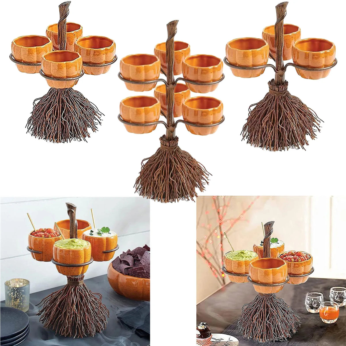 Halloween Wooden Snack Bowl Stand | 4-Bowl Rattan Basket Snack Serving Stand Qme