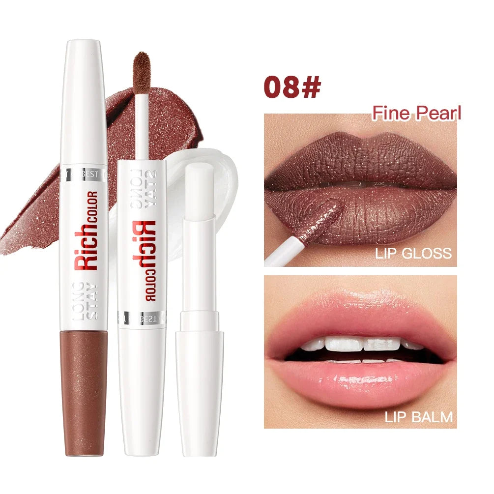 Double Head Matte Liquid Lipstick & Gloss – Waterproof, 5 Shades Liquid Lipstick Duo Qme 08
