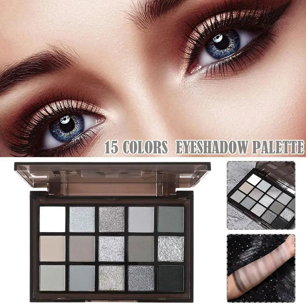 15-Color Smokey Eyeshadow Palette – Black Grey Silver Matte Eyeshadow Palette Qme