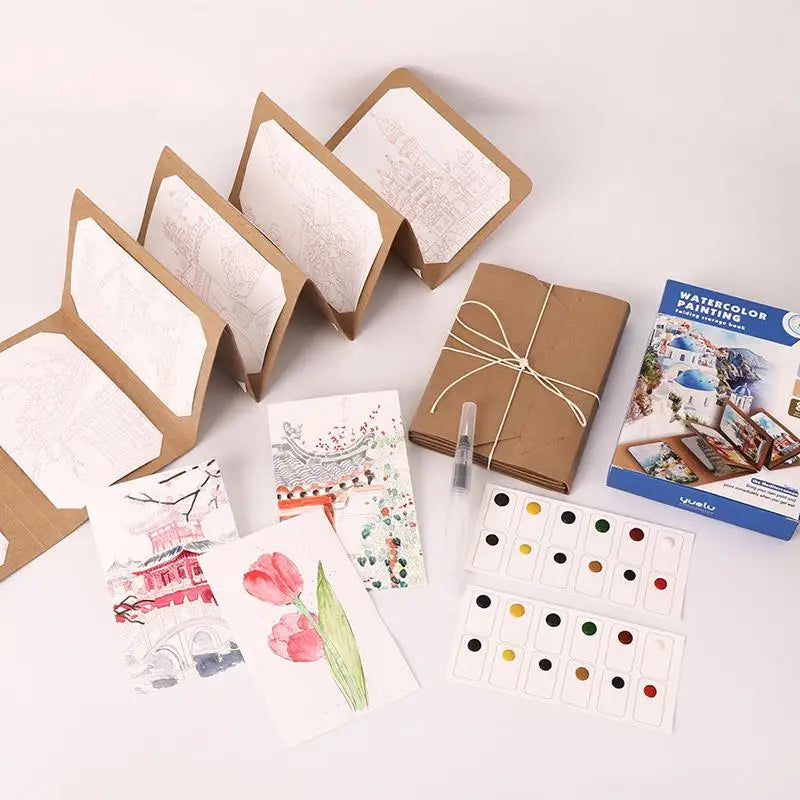 9-Sheet Watercolor Painting Kit – Folding Book, Pigments & Pen Watercolor Art Kit Qme