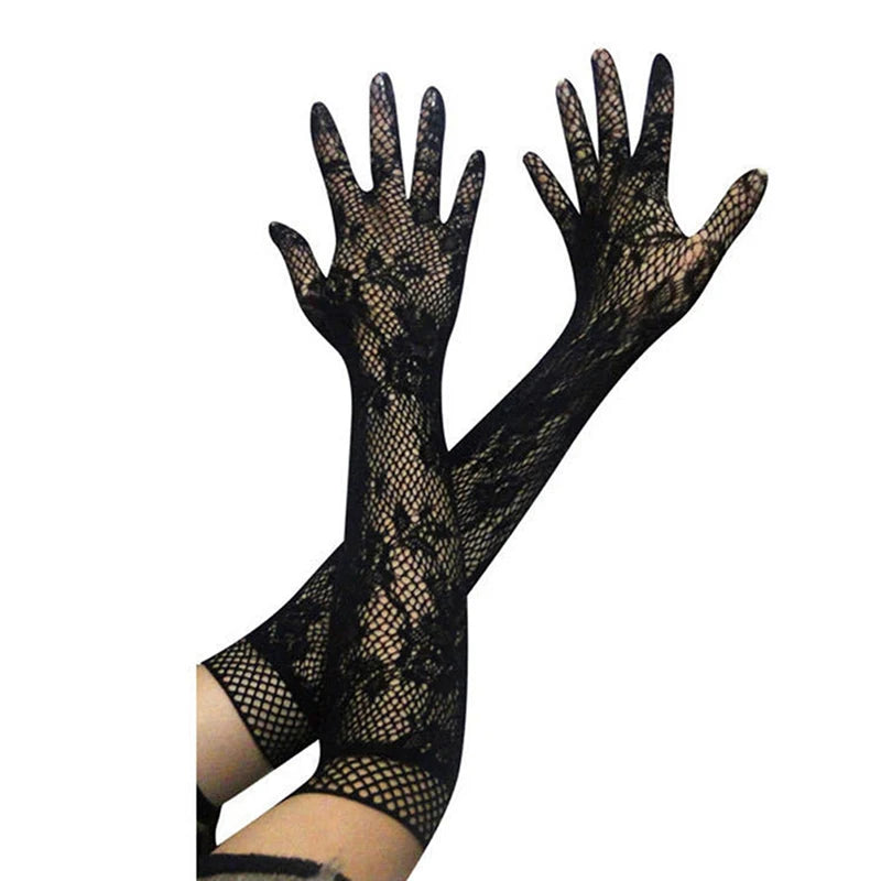 Women's Sheer Lace Fishnet Gloves – Stretchy Elbow Length Fashion Lace Gloves Qst Black