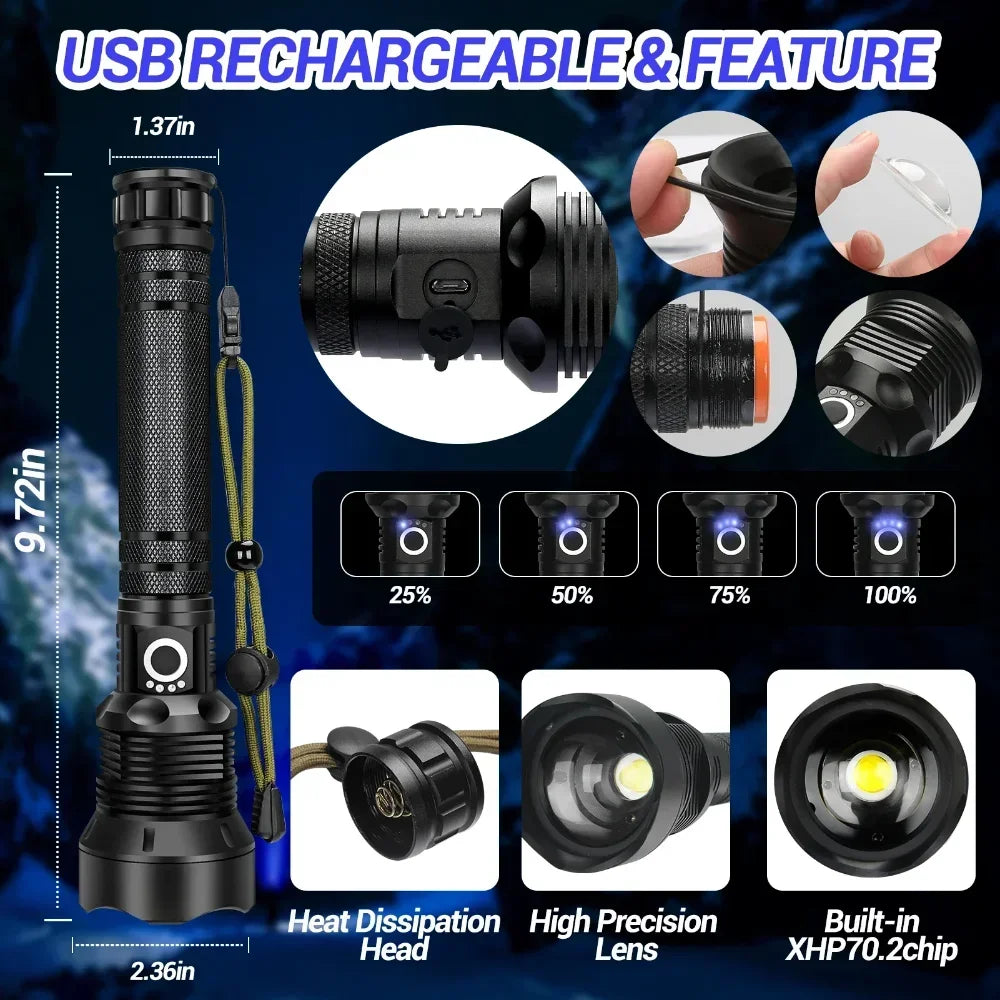 XHP70.2 LED Tactical Flashlight 1500 Lumen Rechargeable Zoom Torch LED Tactical Flashlight Qst