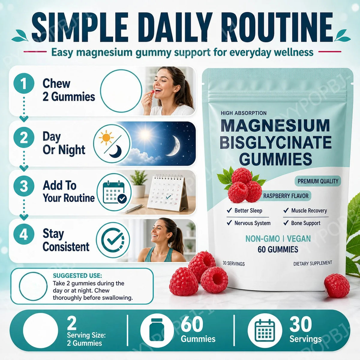 Magnesium Bisglycinate Gummies 400mg Sugar Free Raspberry 60ct Magnesium Supplement Qst