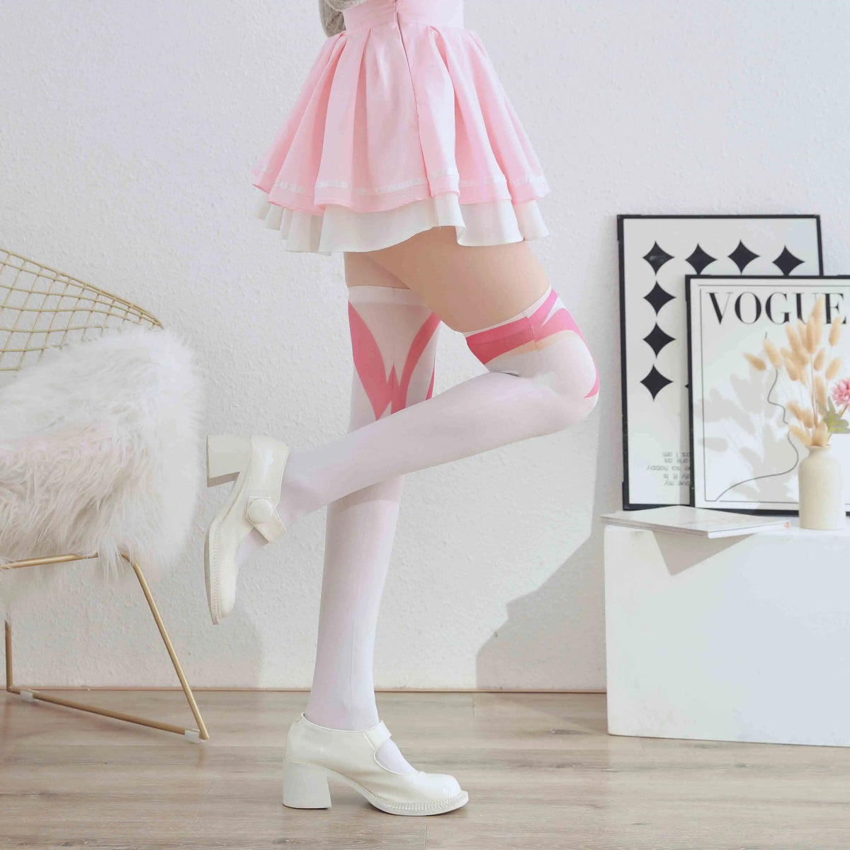 Women's White Velvet Over-the-Knee Stockings | Cute Red Detail Thigh-High Stockings Qme