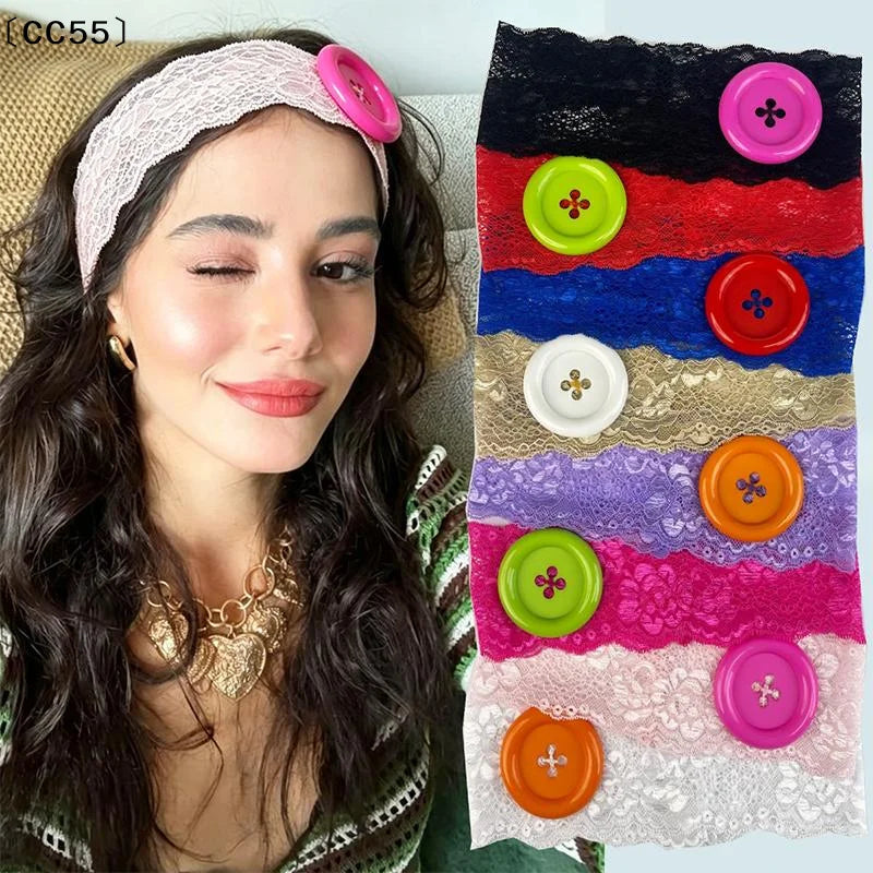 Y2K Oversized Lace Button Headband – Trendy Women's Style Lace Hair Headband Qst