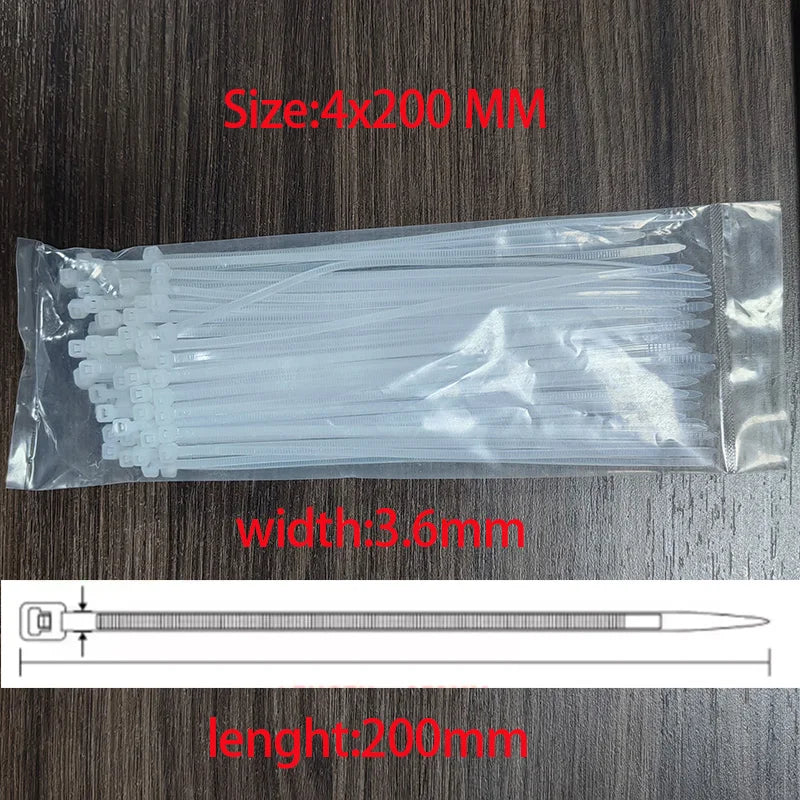 White PA66 Nylon Cable Ties 3x100 3x150 4x200 Self-Lock Zip Ties Nylon Cable Ties Qme size-4x200mm 300PCS