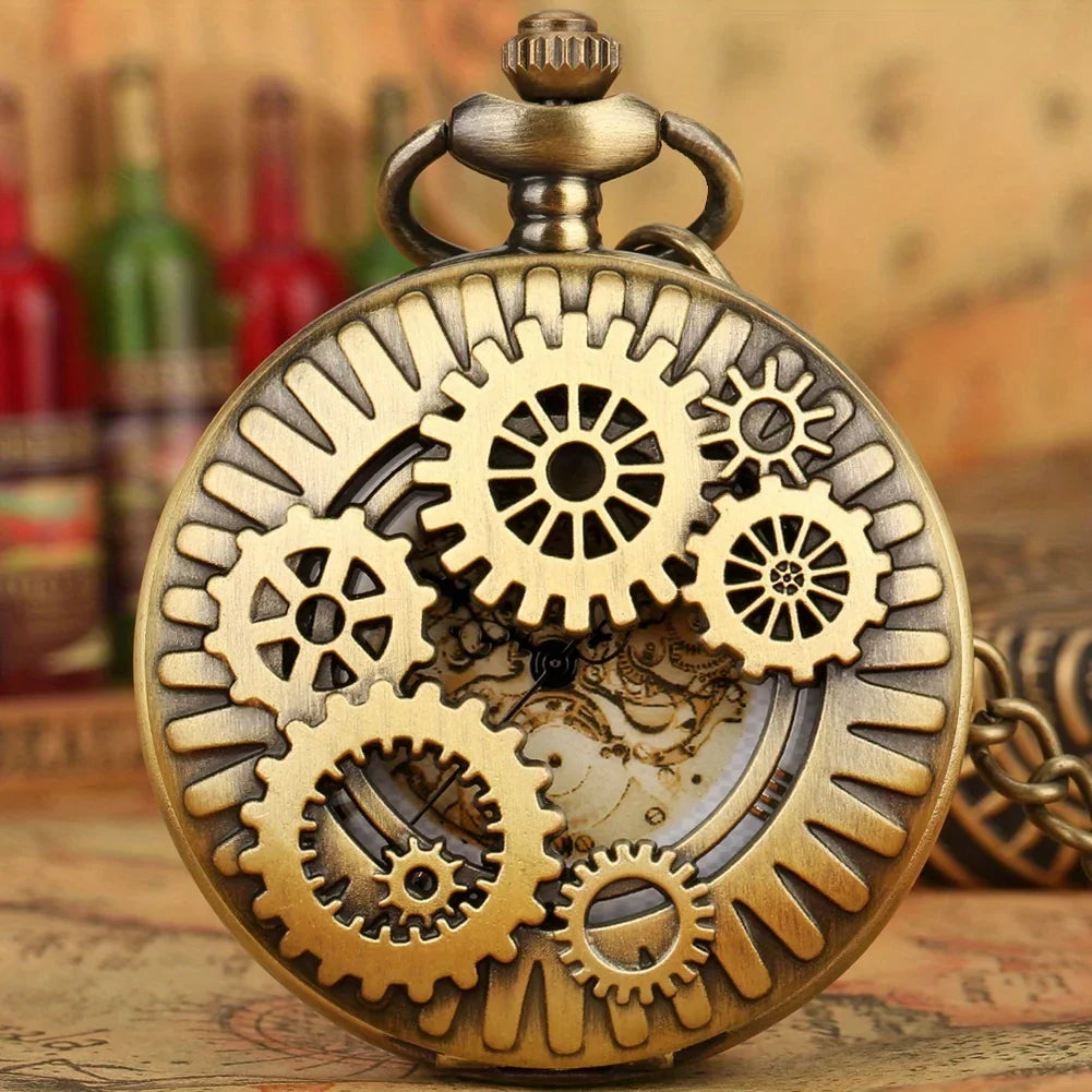Steampunk Quartz Pocket Watch Retro Gearwheel Necklace Chain Pocket Watch Necklace Qme Bronze