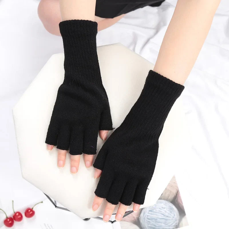 Long Fingerless Knitted Gloves – Warm Stretch Arm Warmers Fingerless Knitted Gloves Qme black one size