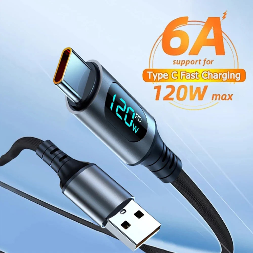 120W USB-C Fast Charge Cable | LED Display | 6A Nylon Braided USB-C Charging Cable Qme