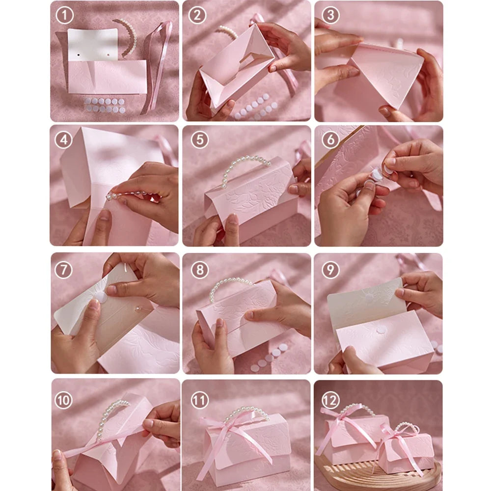 Pink 3D Flower Paper Gift Boxes with Pearl Handle – 10 Pcs Decorative Gift Box Qme