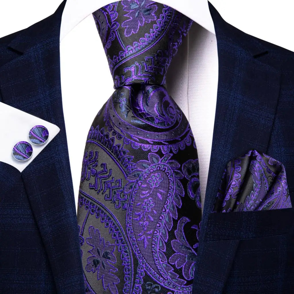 Hi-Tie Purple Silver Striped Silk Necktie – Men's Wedding Tie Silk Necktie Qme SN-3441