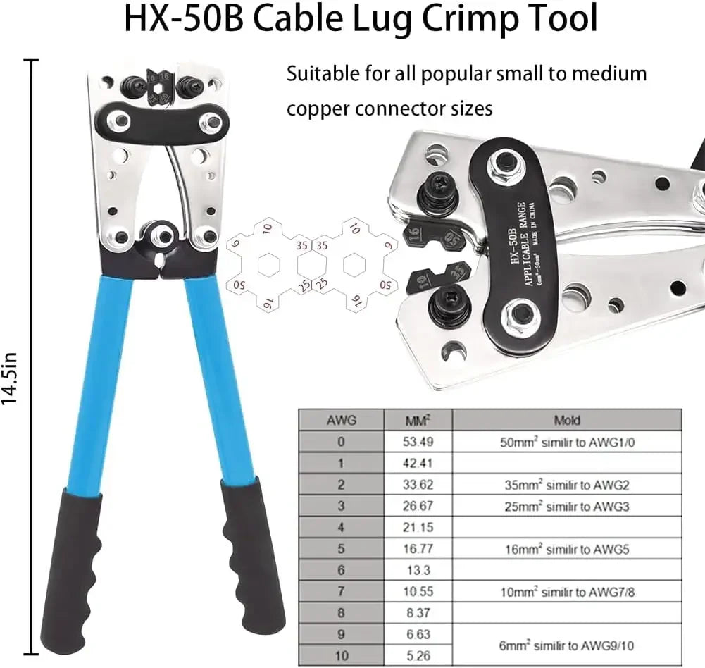Cable Wire Lug Crimping Tool 10-1 AWG 8 Sizes Ratchet Crimper Wire Lug Crimping Tool Qme