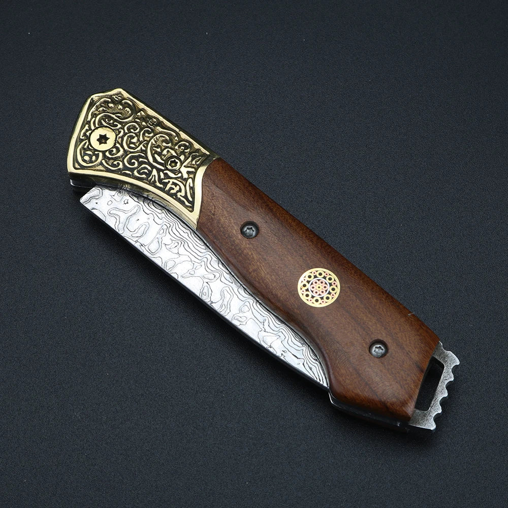 XUANFENG Damascus Steel Folding Knife – Brass Pocket Knife Folding Pocket Knife Qst