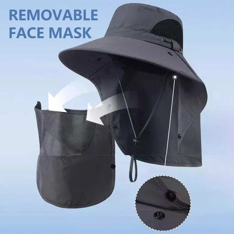 UPF 50+ Wide Brim Sun Hat with Face Mask – Outdoor Cap Wide Brim Sun Hat Qme