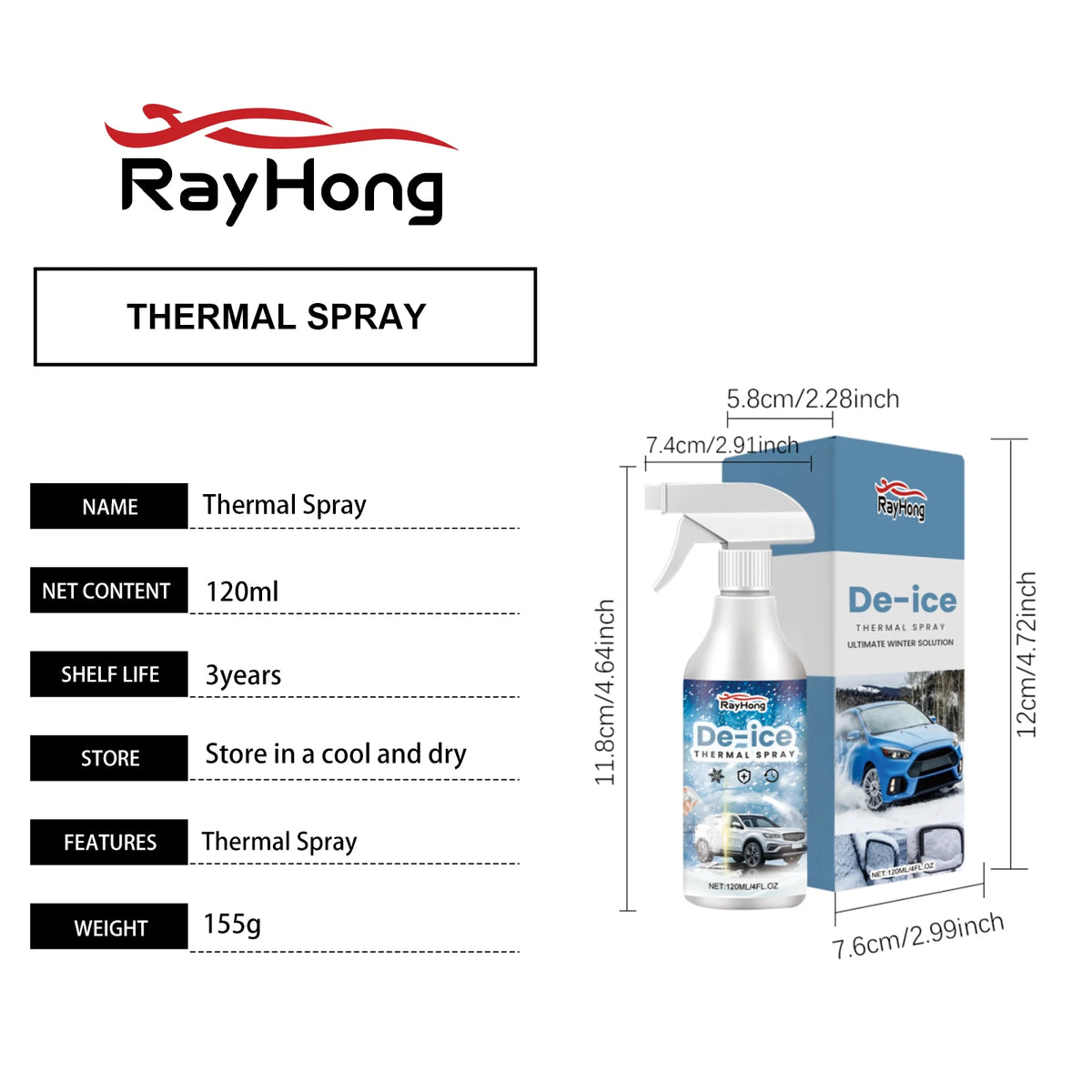 Rayhong 120ml Car De-Icer Spray – Fast Windshield Ice Melt Car De-Icer Spray Qst