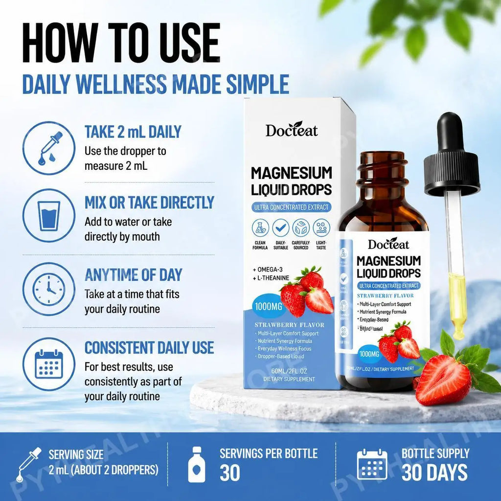 Docteat Magnesium Liquid Drops – Omega-3 ALA & L-Theanine 60mL Liquid Supplement Drops Qst