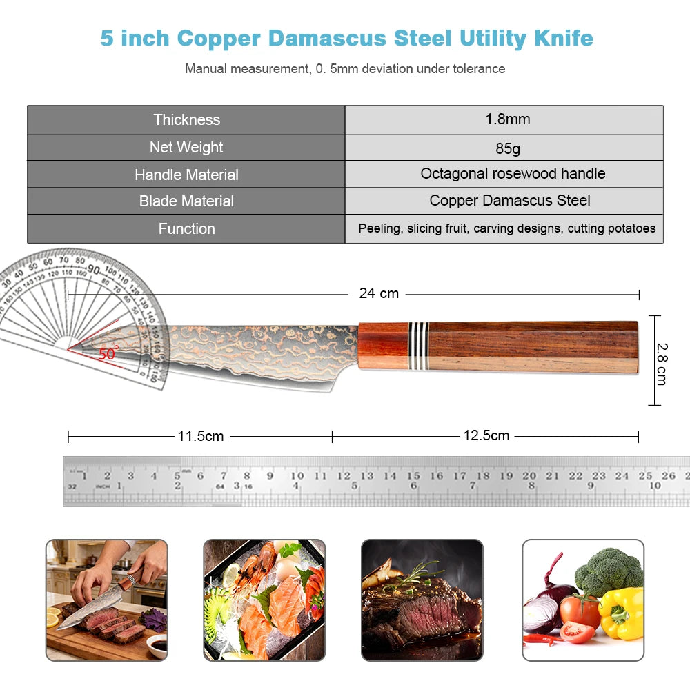 XITUO 5-Inch Damascus Steel Utility Knife – Rosewood Handle Damascus Utility Knife Qst
