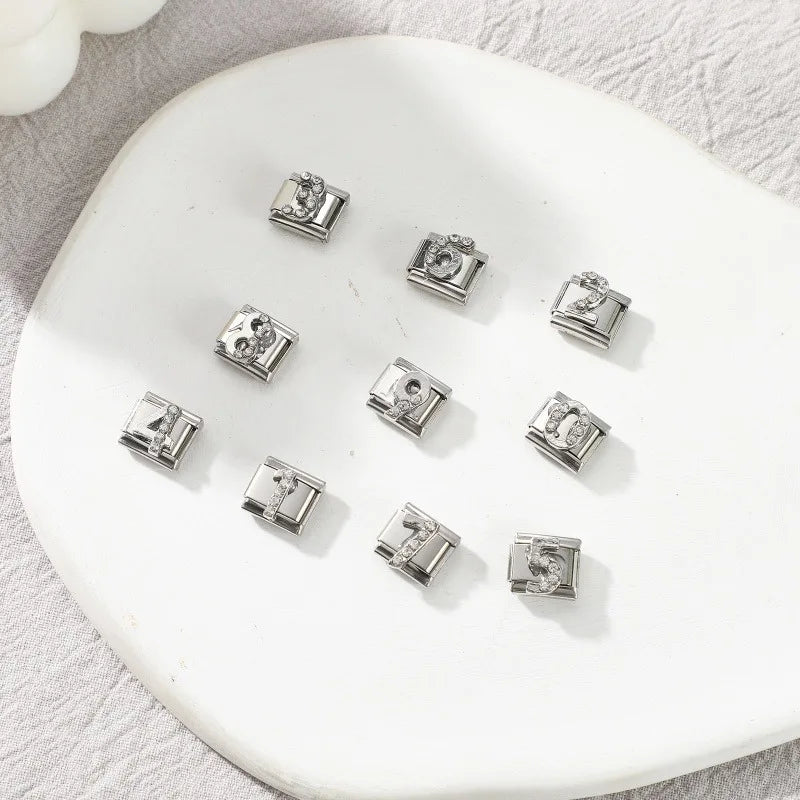 Zircon Number Italian Charm Links 0-9 | Stainless Steel DIY Italian Charm Links Qme