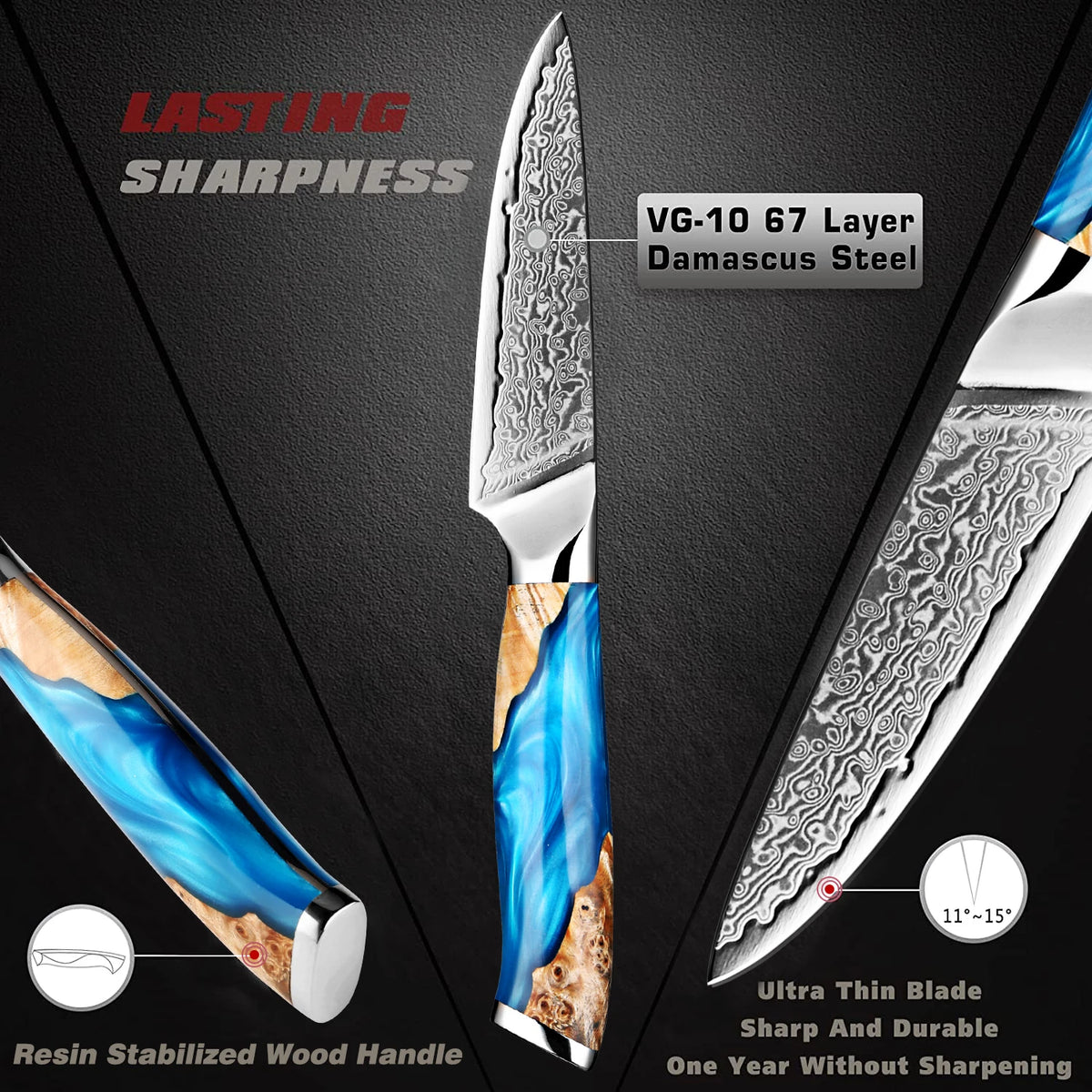 XITUO 3.5" Damascus Steel Paring Knife – VG10 Blue Handle Damascus Paring Knife Qst