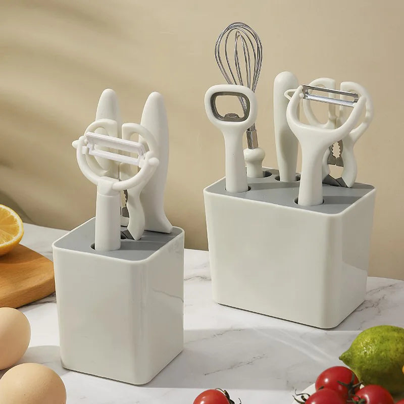 5-Piece Kitchen Utensil Set with Storage Rack – White Steel Kitchen Utensil Set Qme