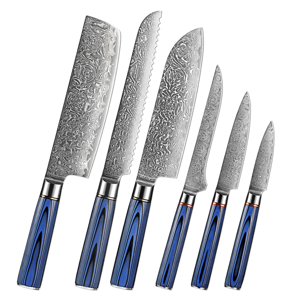 XITUO Damascus Steel Kitchen Knife Set – Blue G10 Handle Damascus Knife Set Qst 6PCS Knife