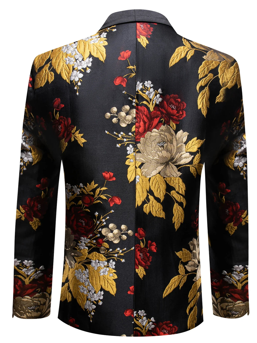 Men's Floral Jacquard Shawl Lapel Blazer – Black Gold Red Floral Jacquard Blazer Qme