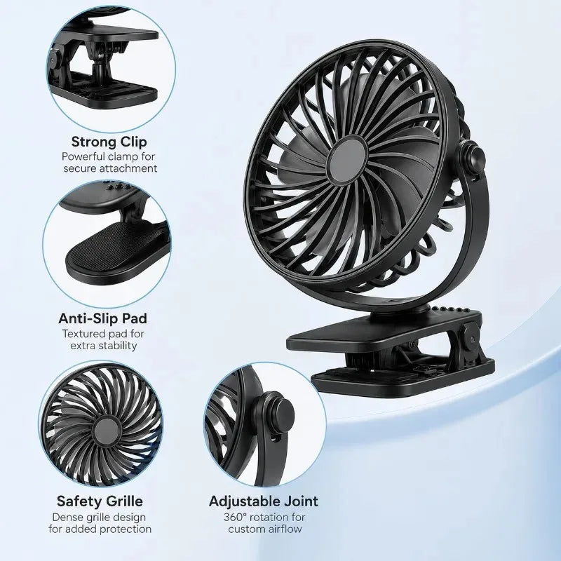 USB Rechargeable Clip Fan – Mini Portable Stroller & Desk Fan Clip Fan Qme