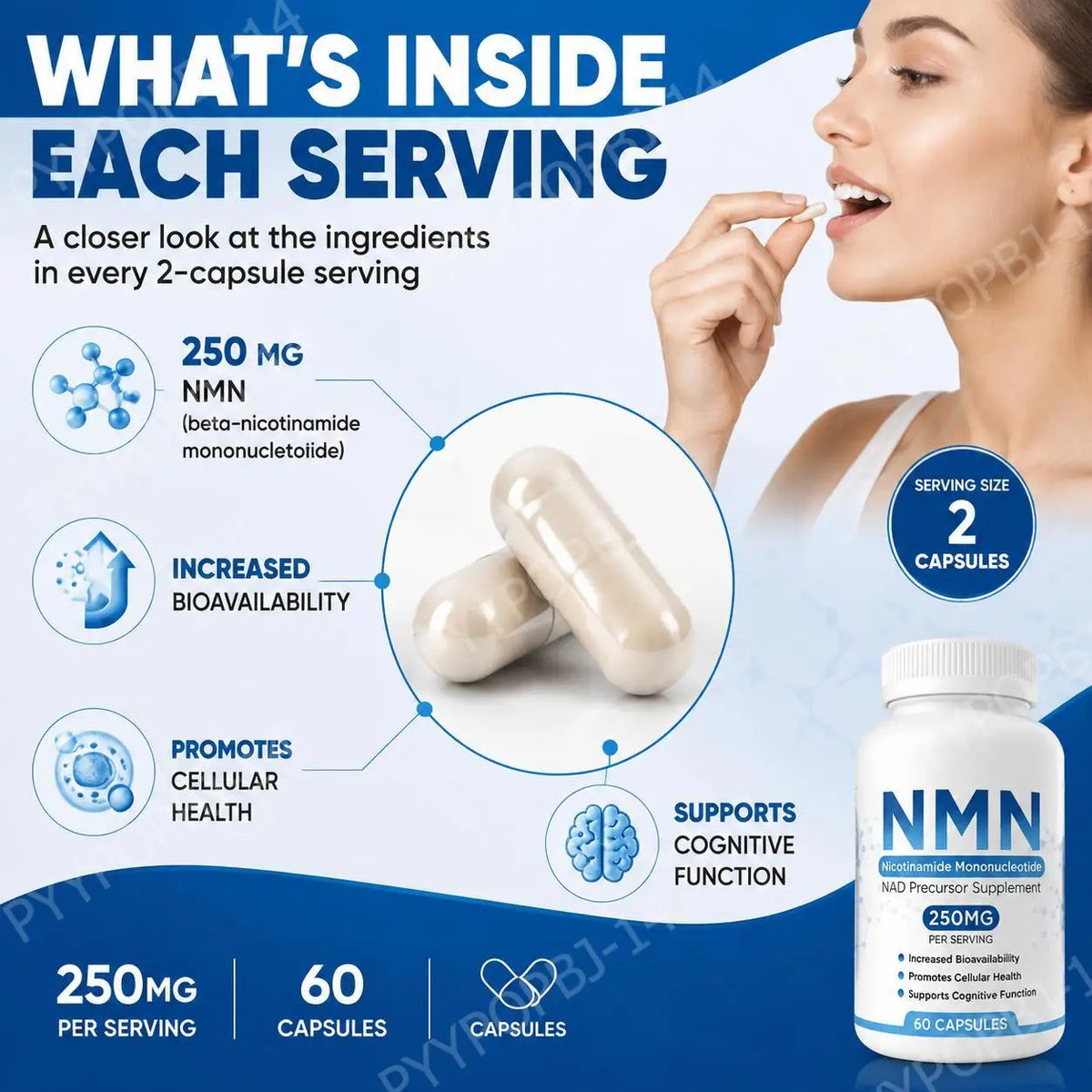 NMN Nicotinamide Mononucleotide 250mg Capsules – 60 Count NMN Supplement Capsules Qst
