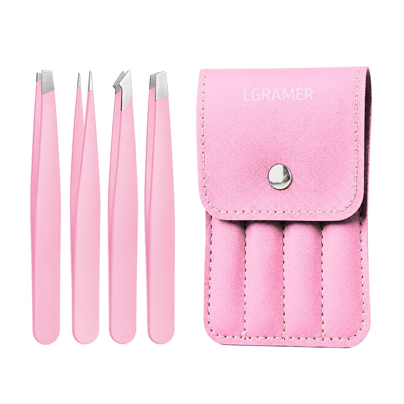 4-Piece Stainless Steel Eyebrow Tweezers Set with PU Case Eyebrow Tweezers Set Qst Pink