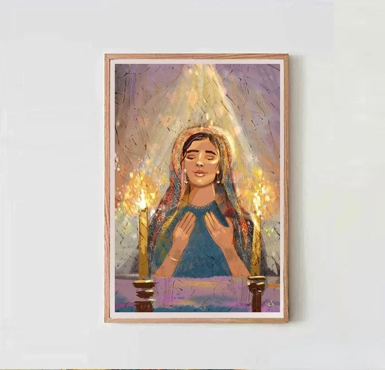 Woman Praying Candle Jewish Wall Art Canvas Poster | Gift Canvas Wall Art Qst