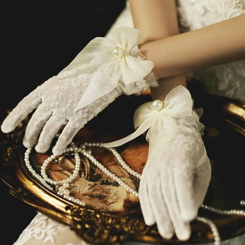 Women's Bridal Mesh Gloves – Beaded Bow Full Finger Wrist Bridal Mesh Gloves Qme