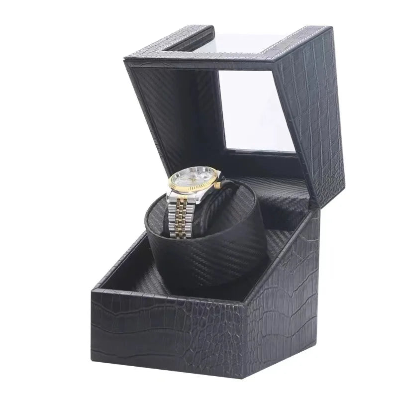 Automatic Watch Winder Box for Mechanical Watches | PU Leather Watch Winder Box Qme Crocodile In Carbon