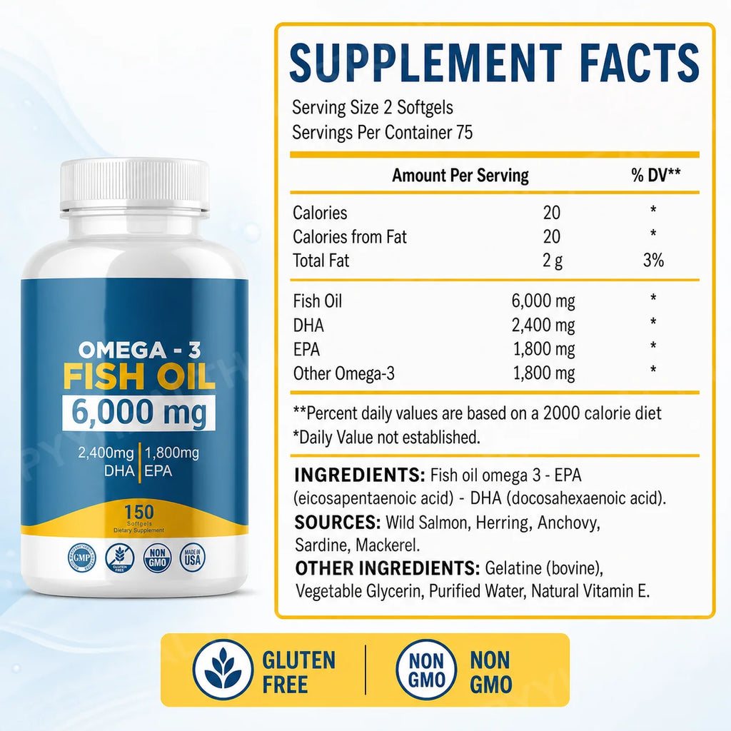 Omega-3 Fish Oil 6000mg Softgels | 2400mg DHA 1800mg EPA | 150ct Omega-3 Supplement Qst