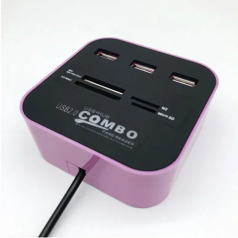 USB 2.0 Hub 3-Port with Card Reader Mini Combo Splitter USB Hub & Card Reader Qme PURPLE