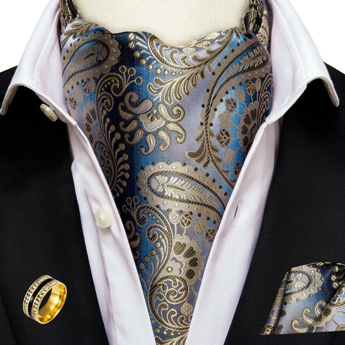 Men's Ascot Tie Cravat Set with Pocket Square & Ring Ascot Cravat Set Qme AS-1040-JZ0020