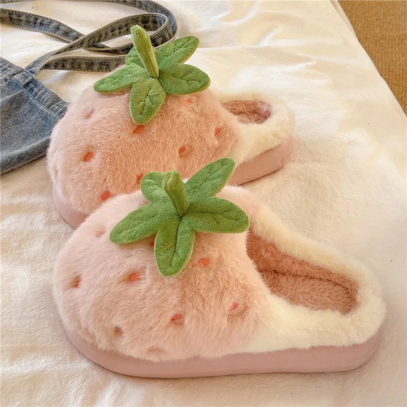 3D Strawberry Fluffy Plush Slippers – Women's Cozy Winter Slides Plush House Slippers Qst