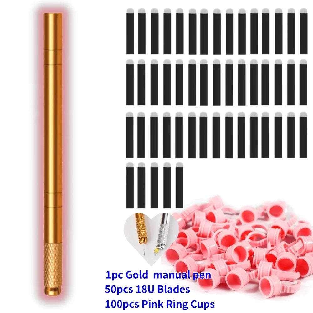 3D Microblading Manual Pen & 18U Needles – Pro PMU Kit | Qme PMU Microblading Kit Qme Golden No Case